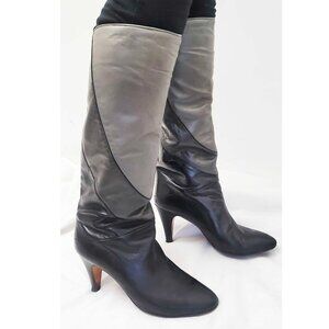 80s Vintage Barefoot Original Women's Black Gray Leather Boots Heels 8